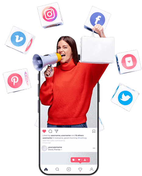Žena izlazi iz okvira mobilnog telefona s megafonom i vrećicom za kupovinu, okružena ikonama društvenih mreža poput Instagrama, Facebooka i Twittera, simbolizira promociju i vođenje društvenih mreža.